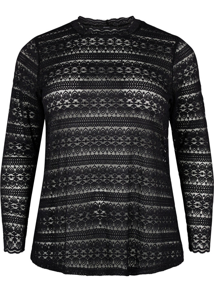 Bluse med blonder og lange ermer, Black, Packshot image number 0