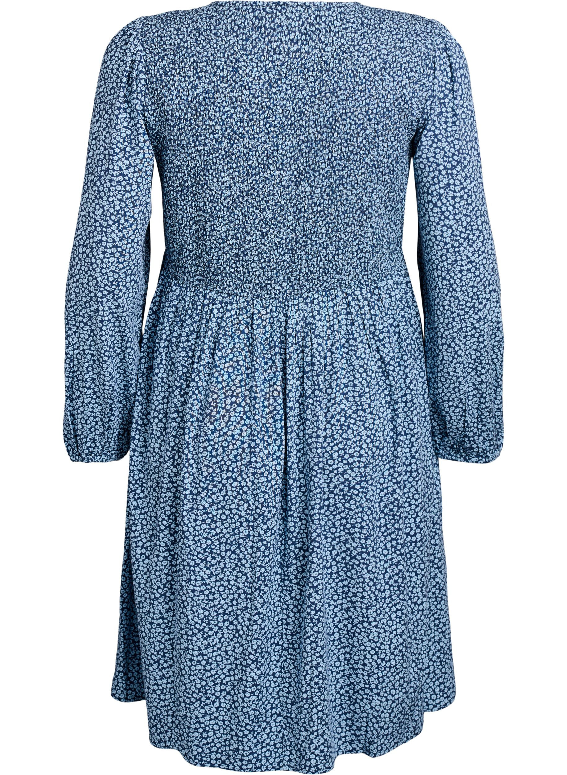 ZizziKjole med smocket topp og sm&aring;blomstret m&oslash;nster, Bl&aring;, Packshot image number 1