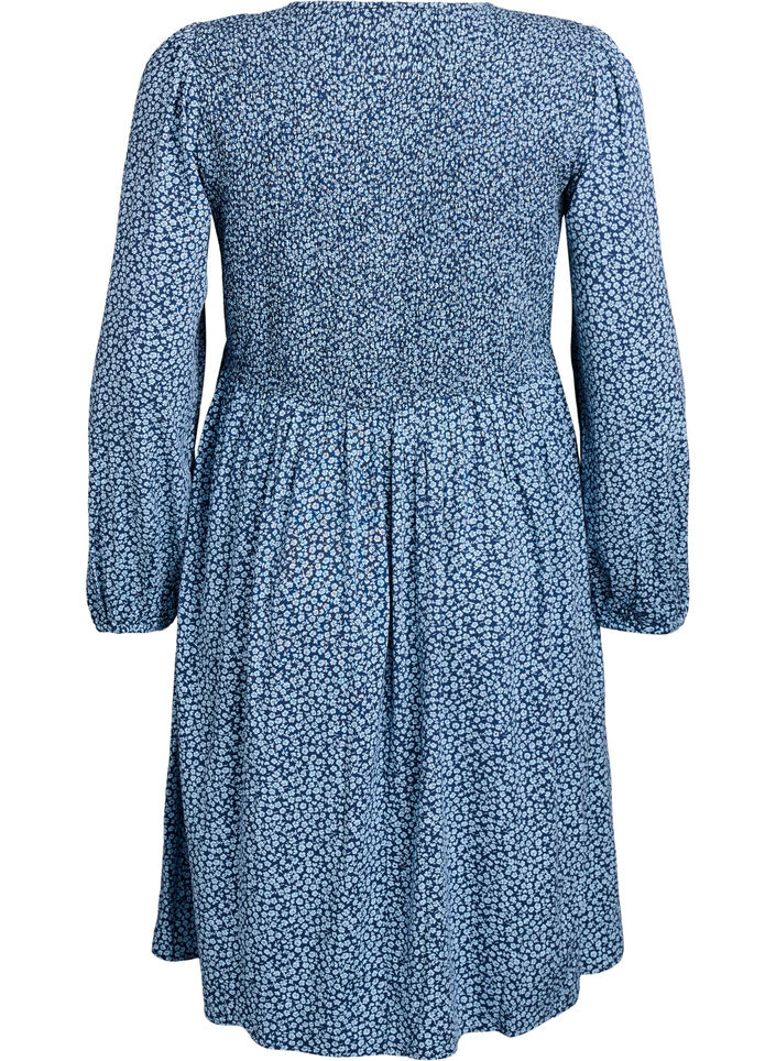 Kjole med smocket topp og sm&aring;blomstret m&oslash;nster, Bl&aring;, Packshot image number 1