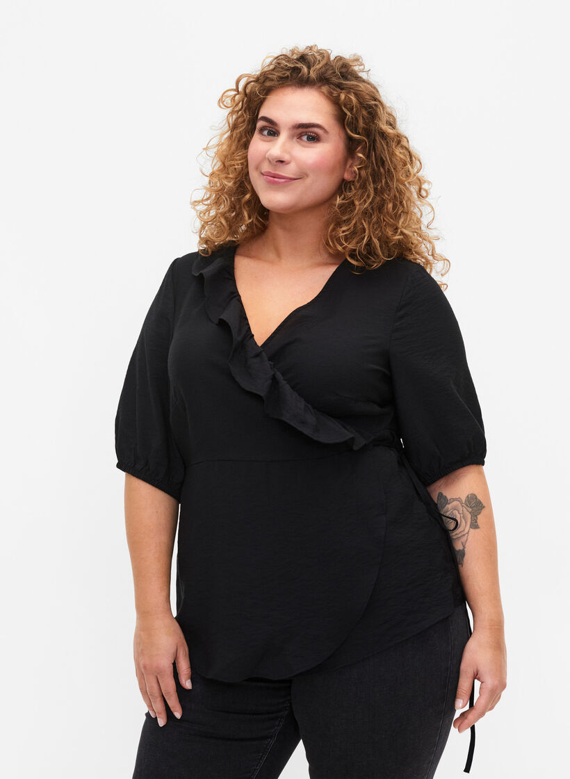 wrap Bluse i viskose med 1/2 ermer, Black, Model image number 0