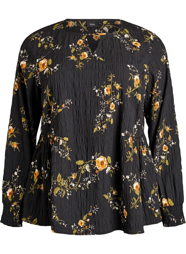 Langermet bluse med blomstertrykk, Svart, Packshot image number 0