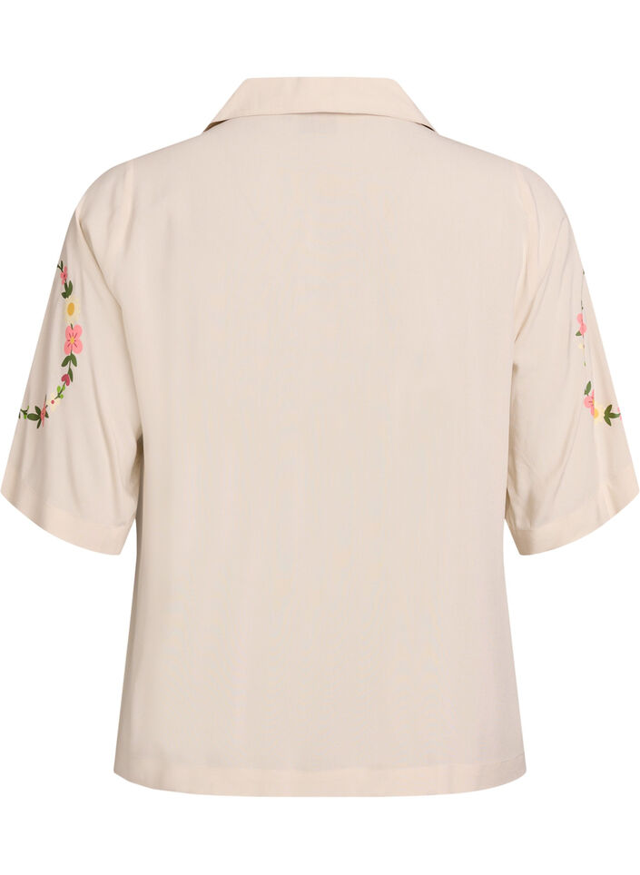 Pyjamatopp i viskose med knyting og blomstertrykk, Beige, Packshot image number 1