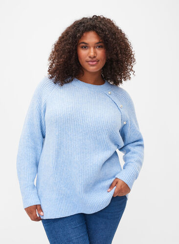Melert strikkegenser med perleknapper, Light Blue Mel., Model image number 0