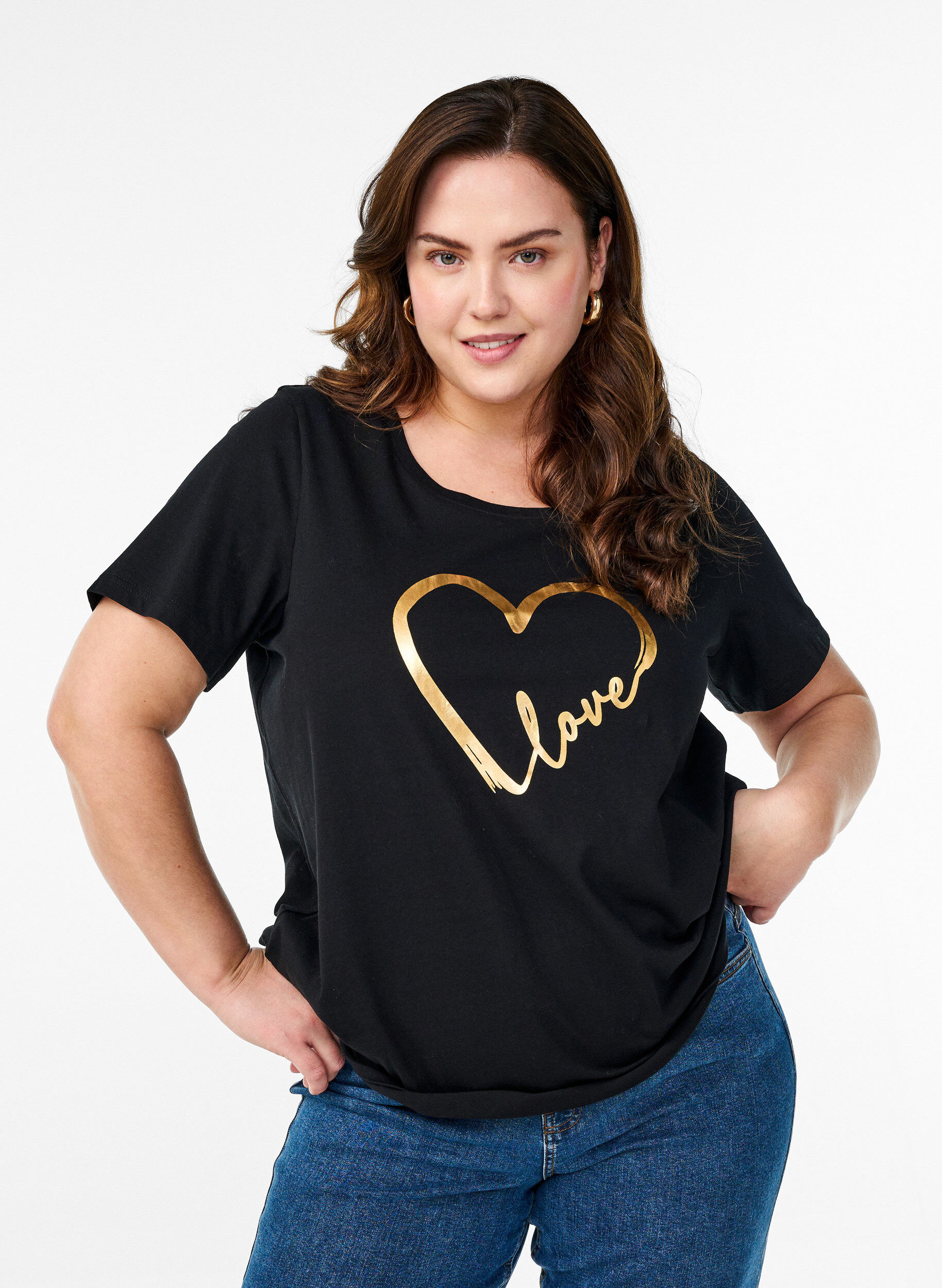 Zizzi Bomulls-t-skjorte med motiv, Black w. Gold Love, Model image number 0