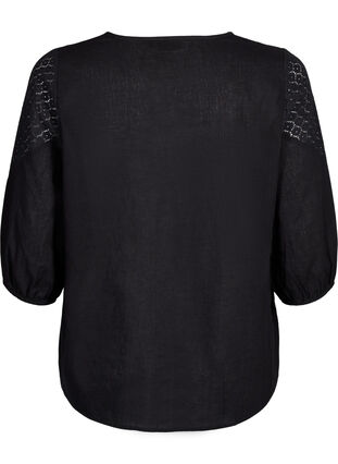 Bluse i bomullsblanding med lin og heklede detaljer, Black, Packshot image number 1