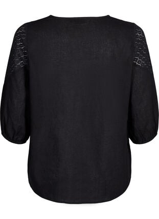 Bluse i bomullsblanding med lin og heklede detaljer, Black, Packshot image number 1