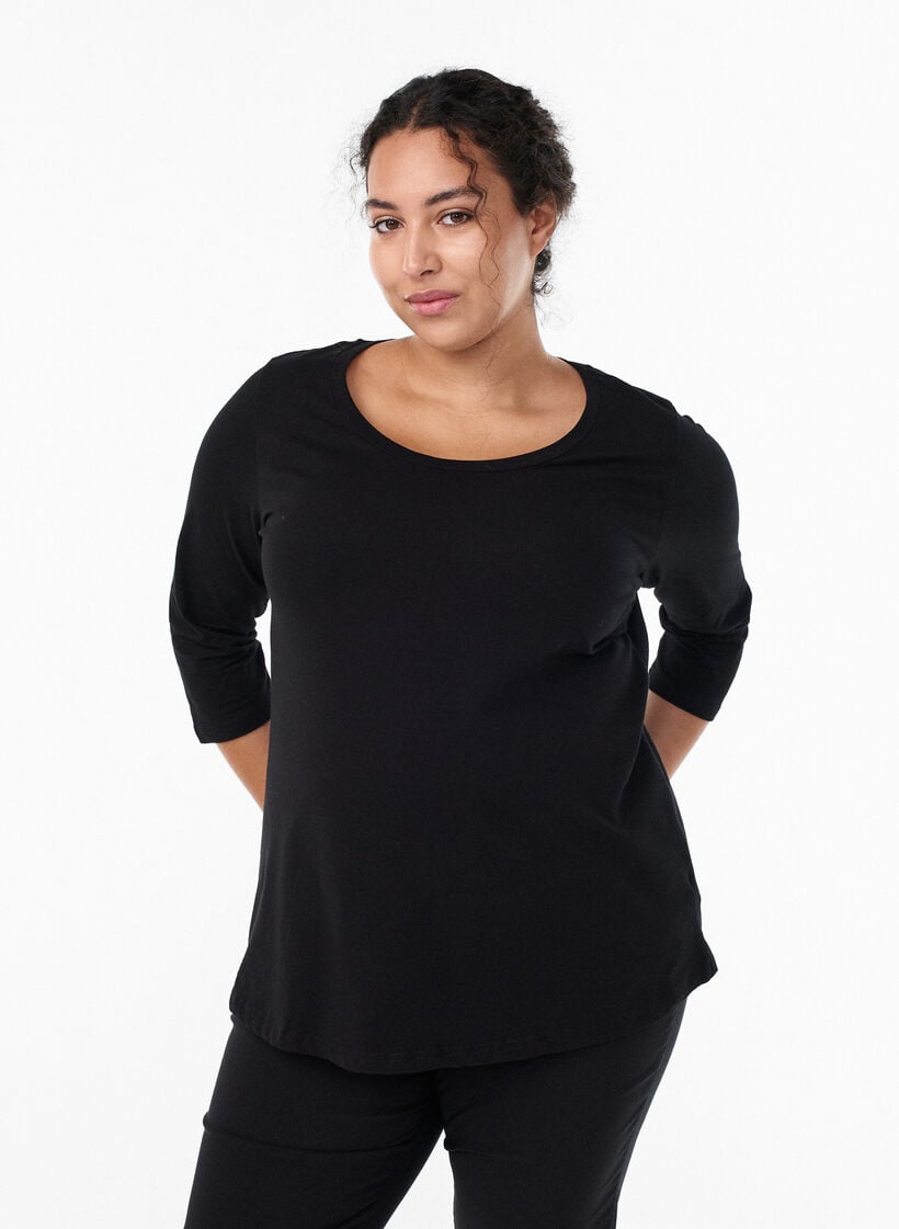 Basis T-skjorte i bomull med 3/4 ermer, Svart, Model image number 0