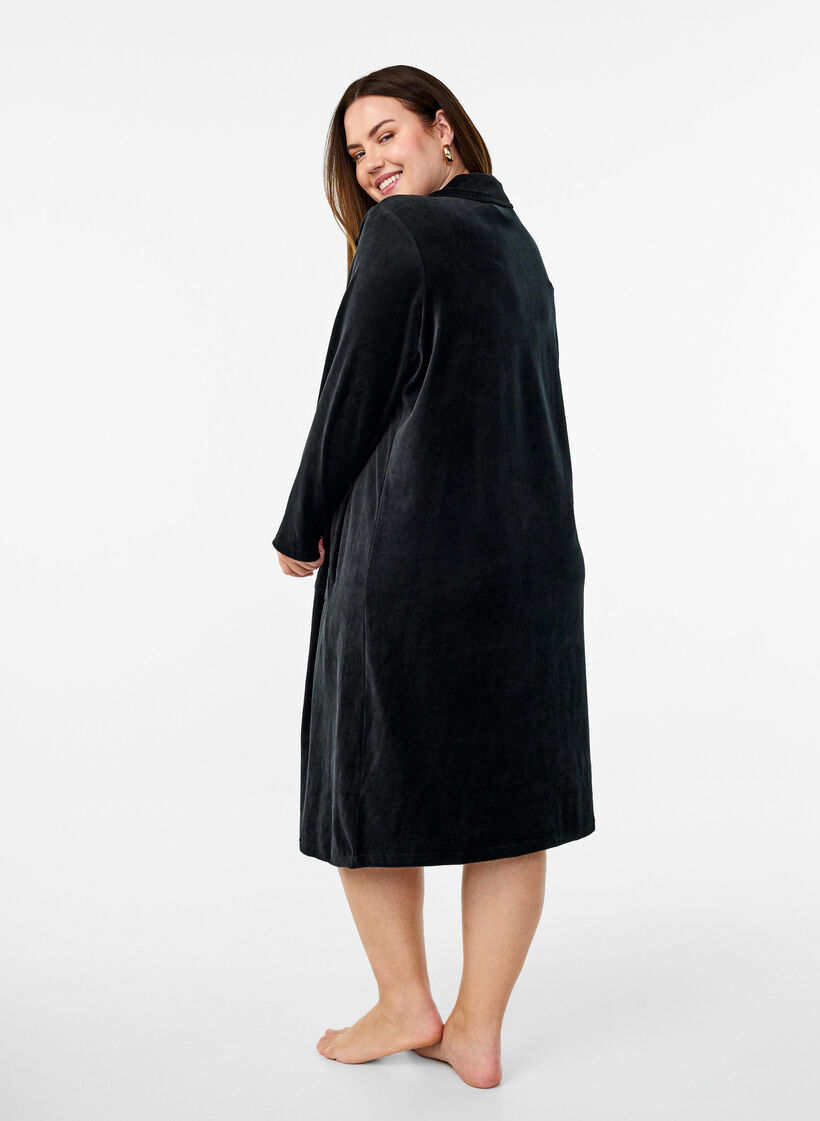Velur morgenkåpe med glidelås og lommer, Svart, Model image number 1