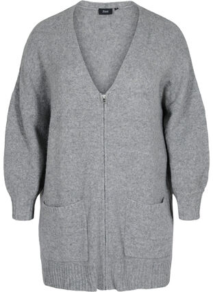 Lang strikket cardigan med glidelås og lommer, Medium Grey Melange, Packshot image number 0