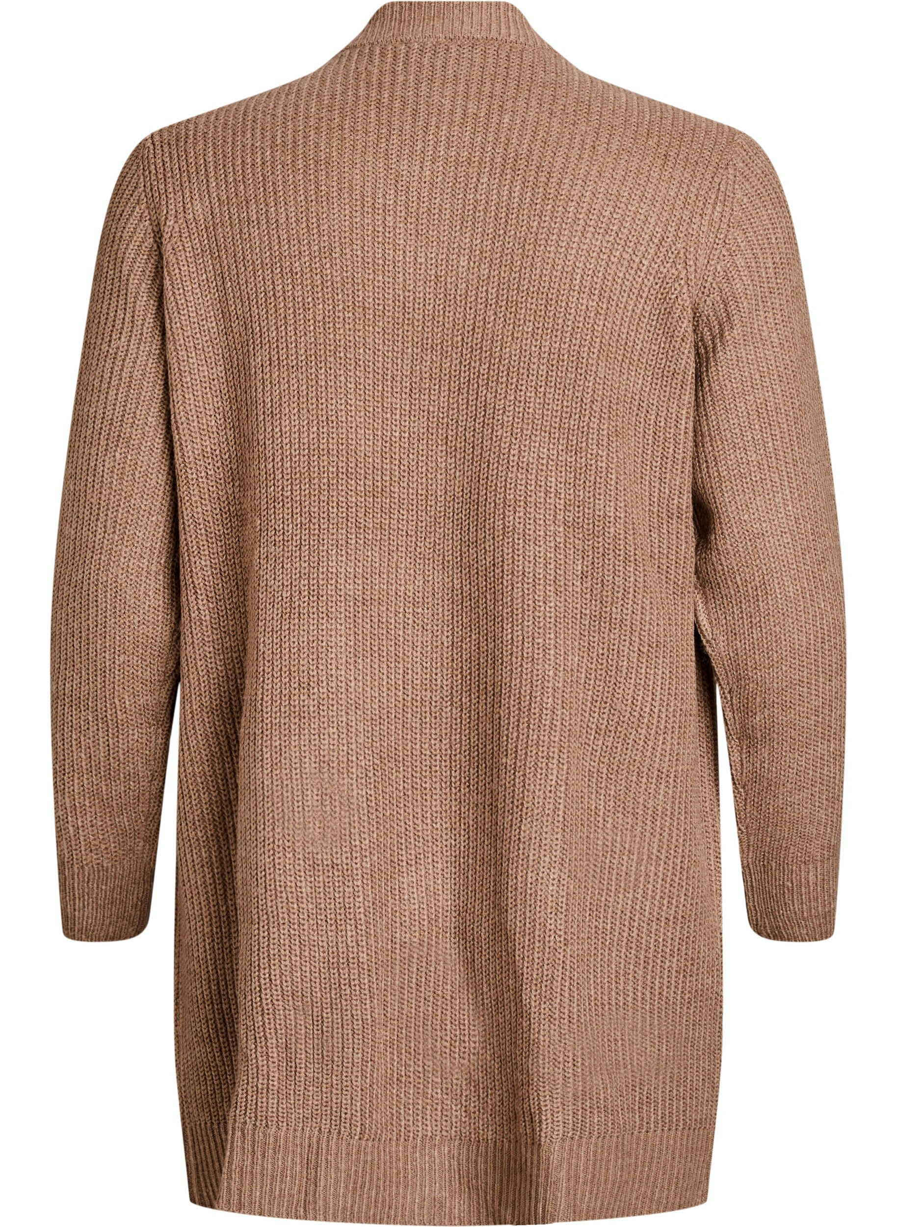 Zizzi FLASH - Lang ribbestrikket cardigan med lommer, Brun, Packshot image number 1