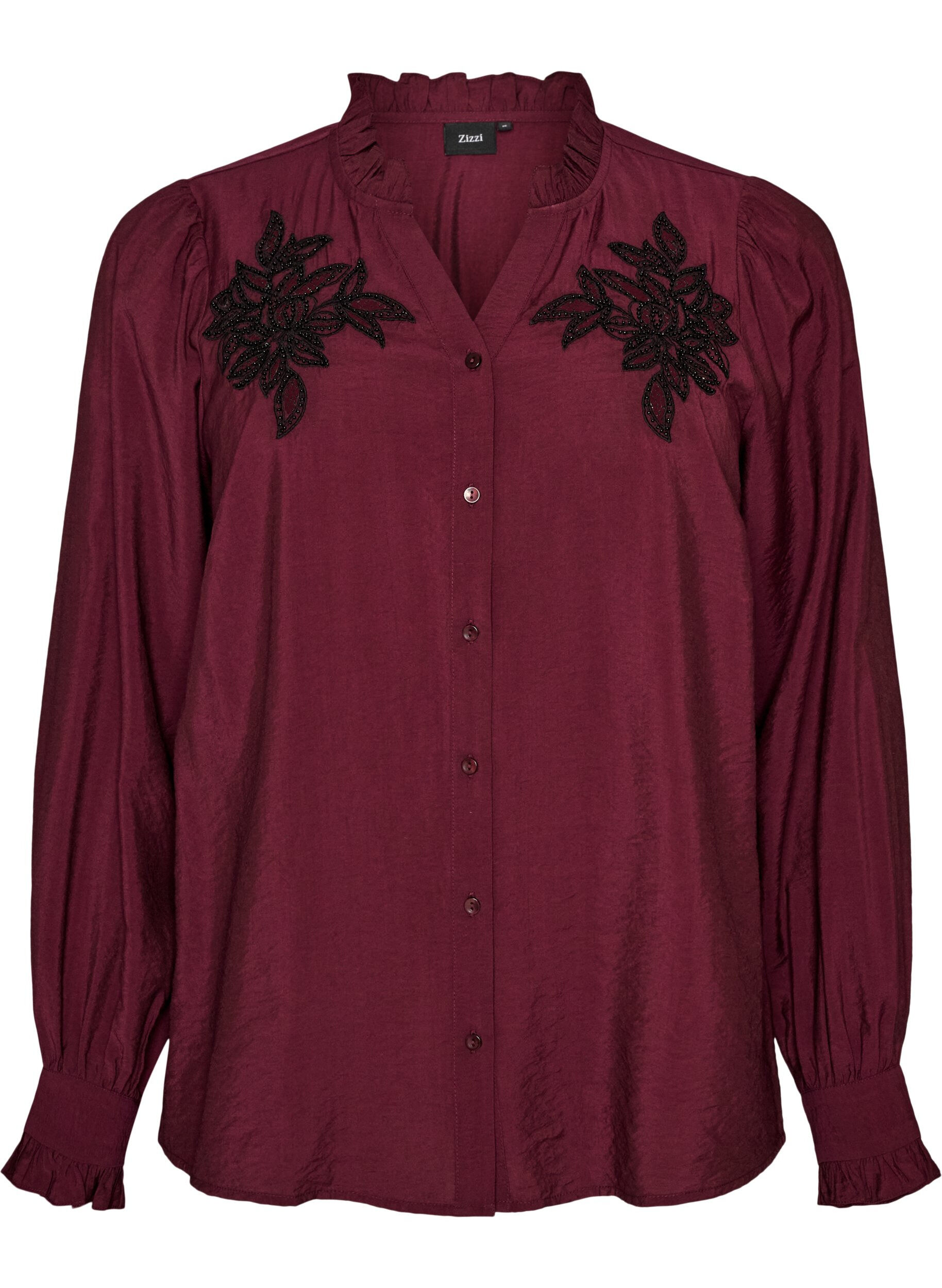 ZizziSkjortebluse med broderte blomsterapplikasjoner, R&oslash;d, Packshot image number 0