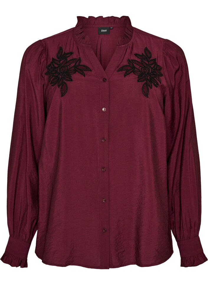Skjortebluse med broderte blomsterapplikasjoner, R&oslash;d, Packshot image number 0