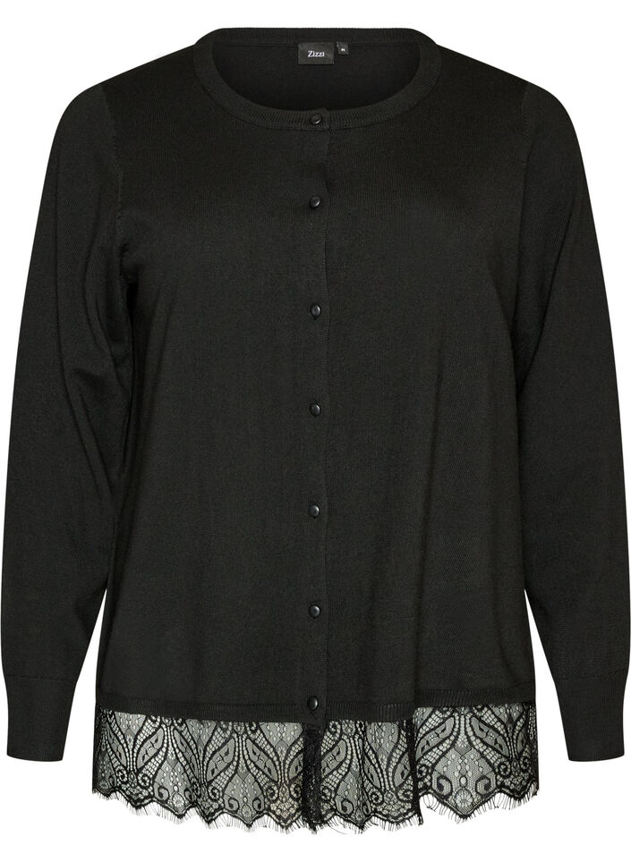 Cardigan med bred blondekant, Svart, Packshot image number 0