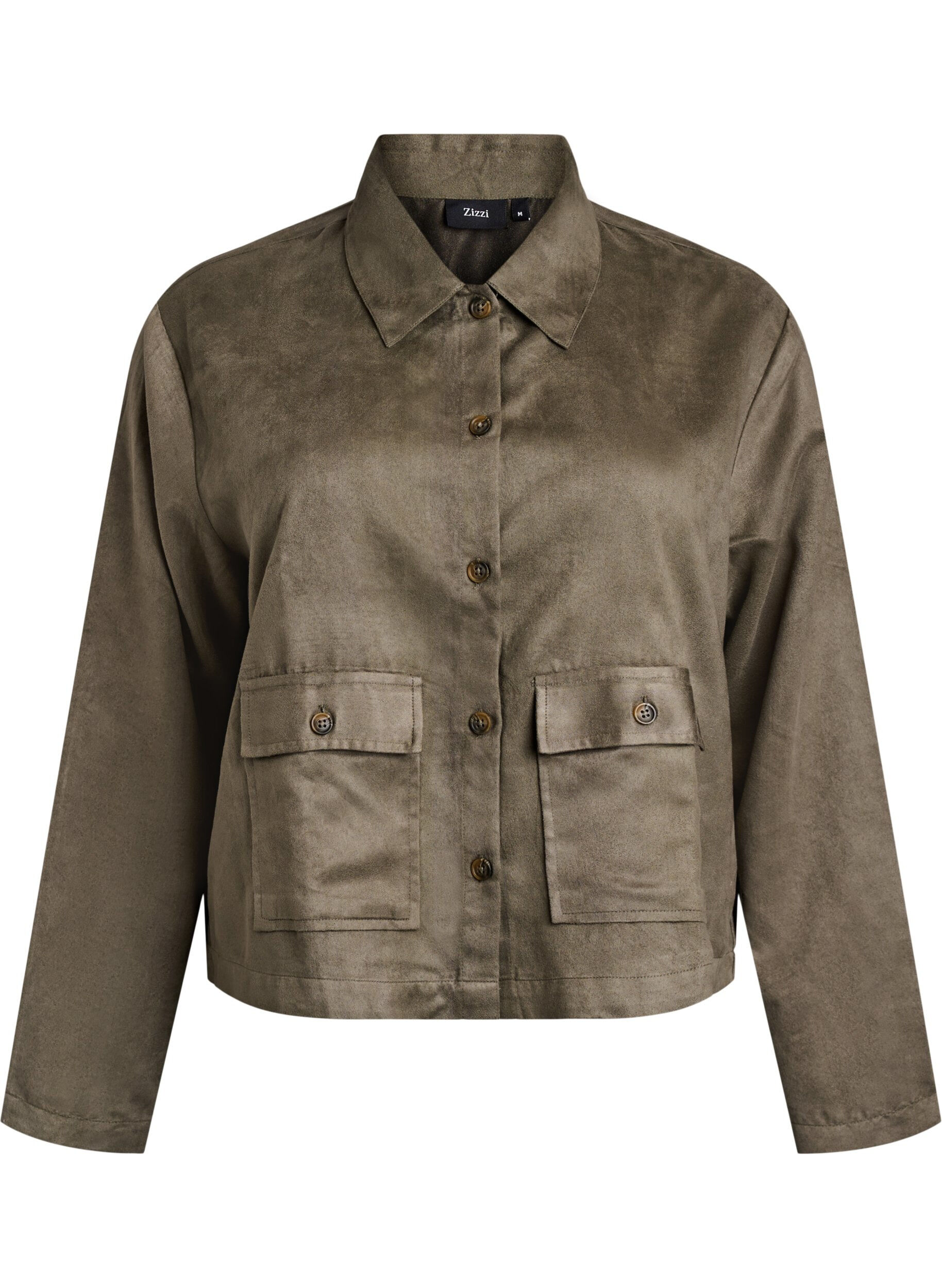 Kort jakke i imitert semsket stoff med lommer