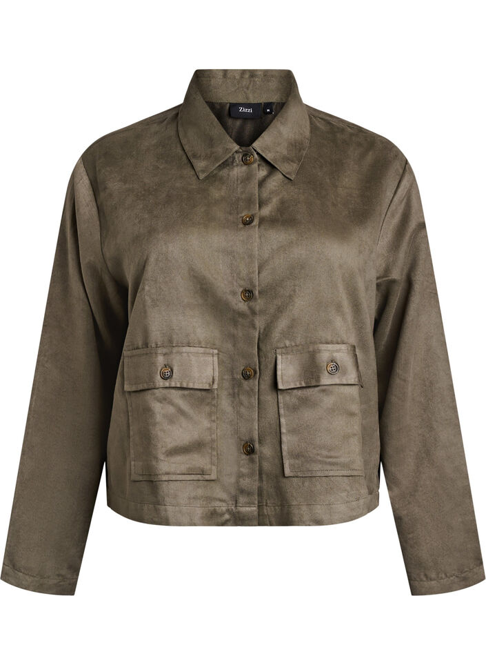 Kort jakke i imitert semsket stoff med lommer, Grønn, Packshot image number 0