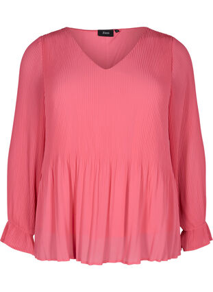 Bluse i plissé med V-hals, Hot Pink, Packshot image number 0