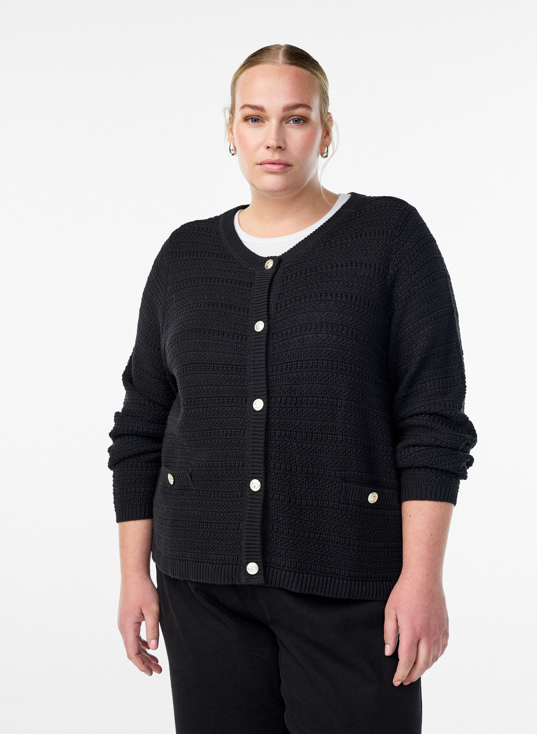 Cardigan med strukturstrikk og dekorative knapper, Svart, Model