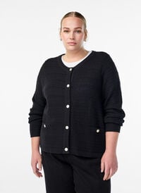 Cardigan med strukturstrikk og dekorative knapper, Svart Cardigan med strukturstrikk og dekorative knapper, Svart, Model
