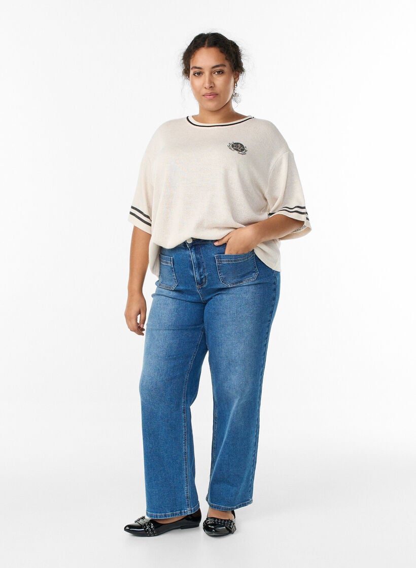 Kortermet bluse med kontraststriper, Beige, Model image number 1