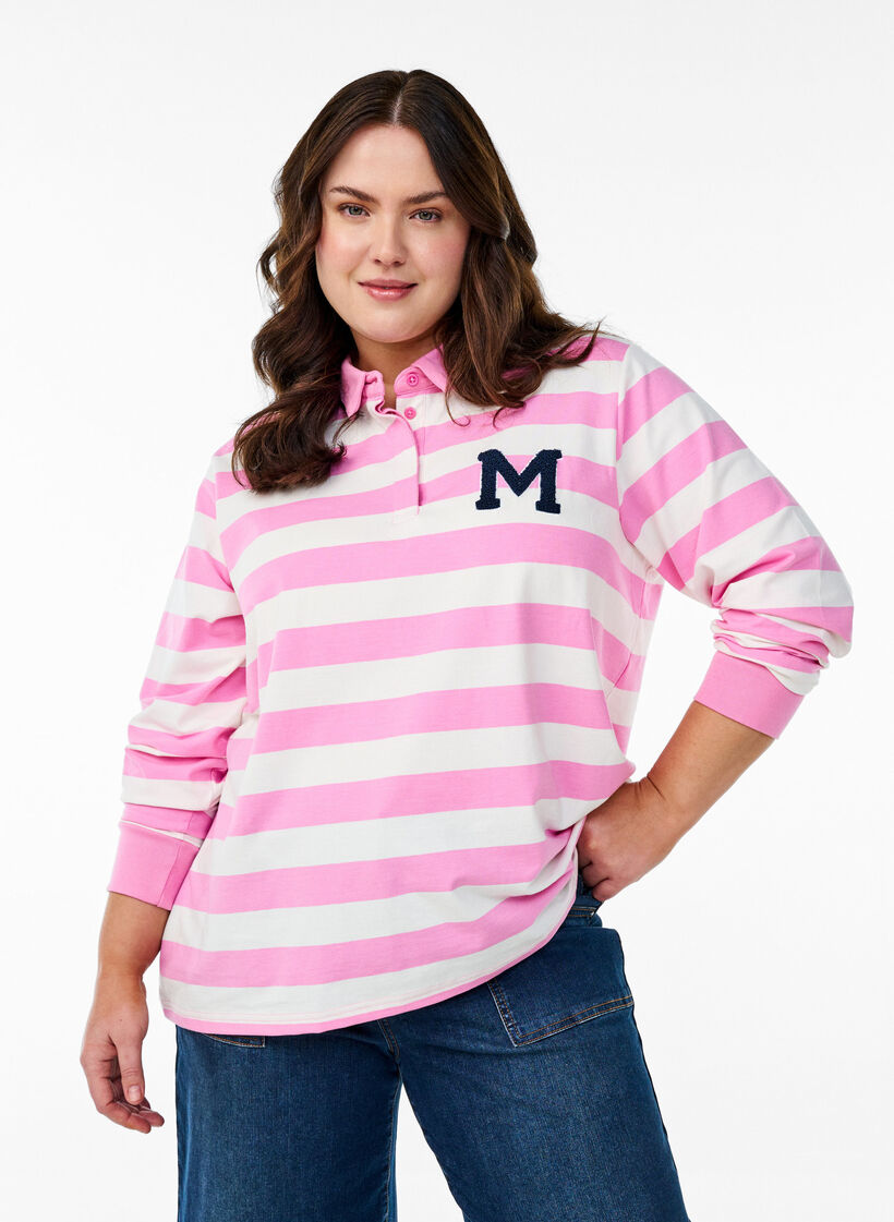 Stripete poloskjorte med frottédetaljer, Bubblegum w. White, Model image number 0