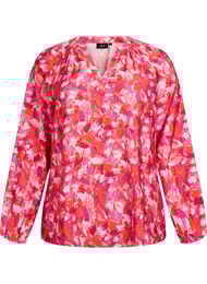 Bluse med V-hals og grafisk bladtrykk, Rosa