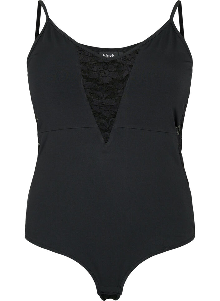 Bodystocking med blonder og smale stropper, Black, Packshot image number 0