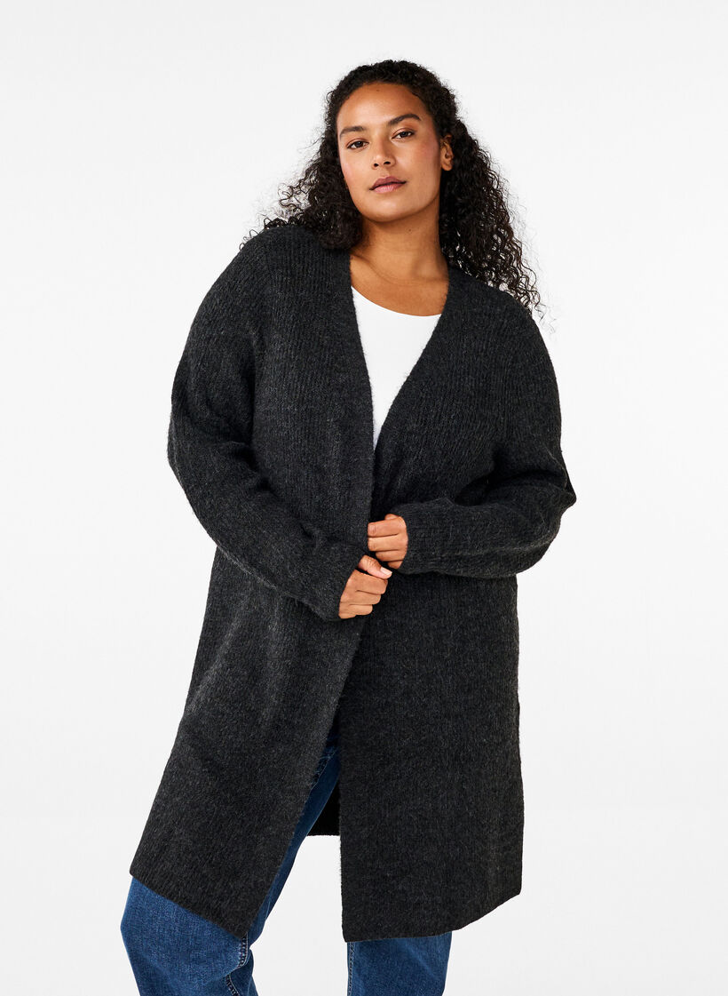 FLASH - Ribbestrikket cardigan med splitter, Dark Grey Melange, Model image number 0