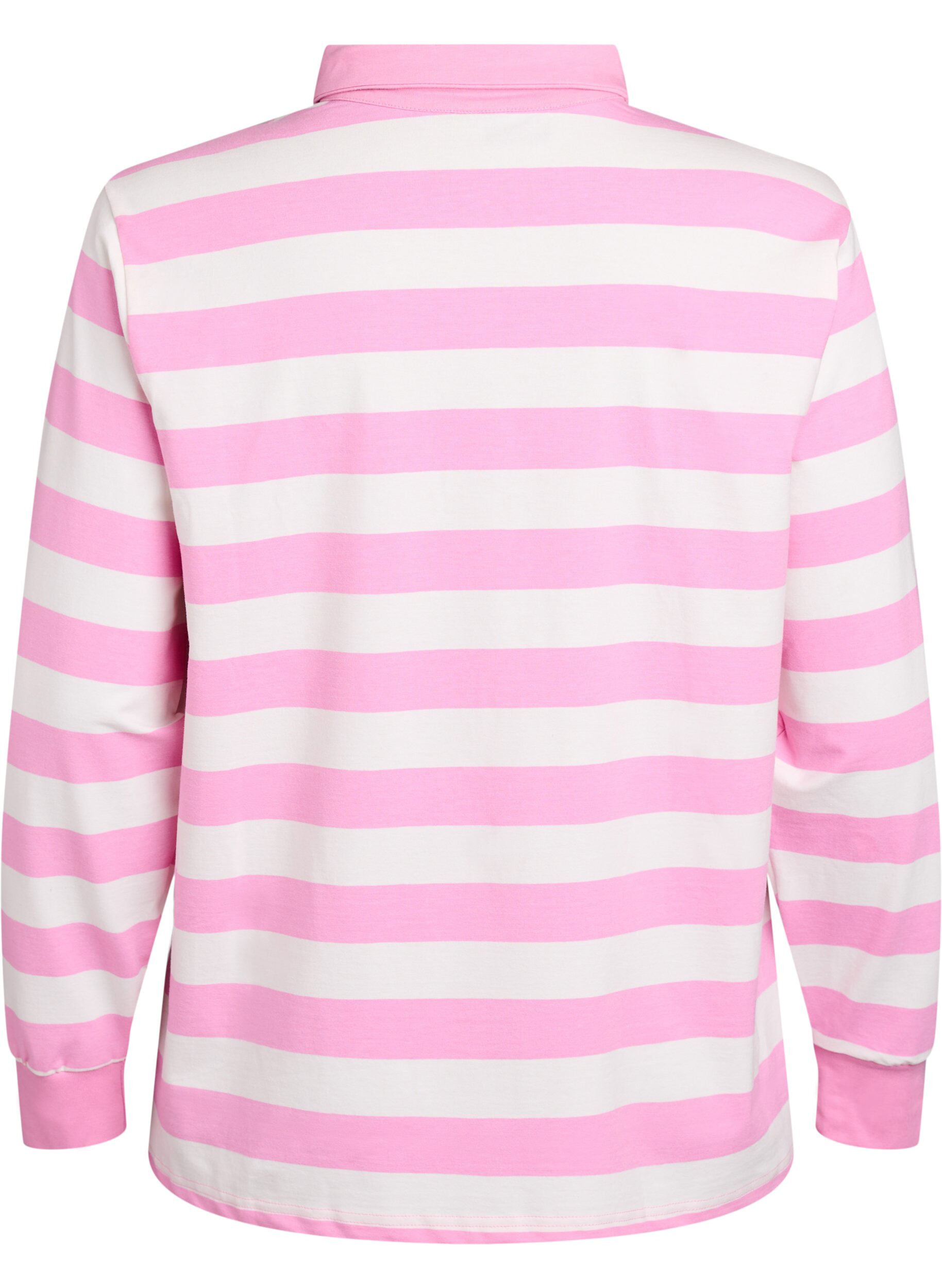 Zizzi Stripete poloskjorte med frott&eacute;detaljer, Bubblegum w. White, Packshot image number 1