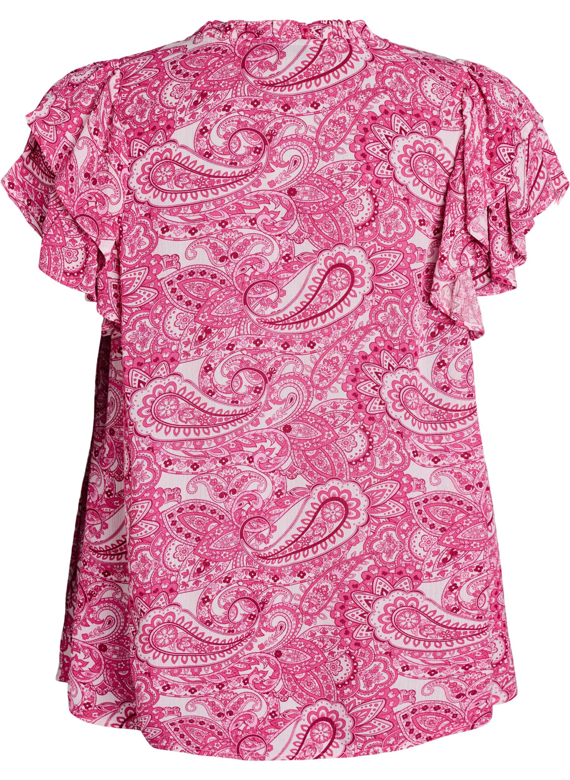 Zizzi M&oslash;nstret viskosebluse med volangdetaljer, Rosa, Packshot image number 1