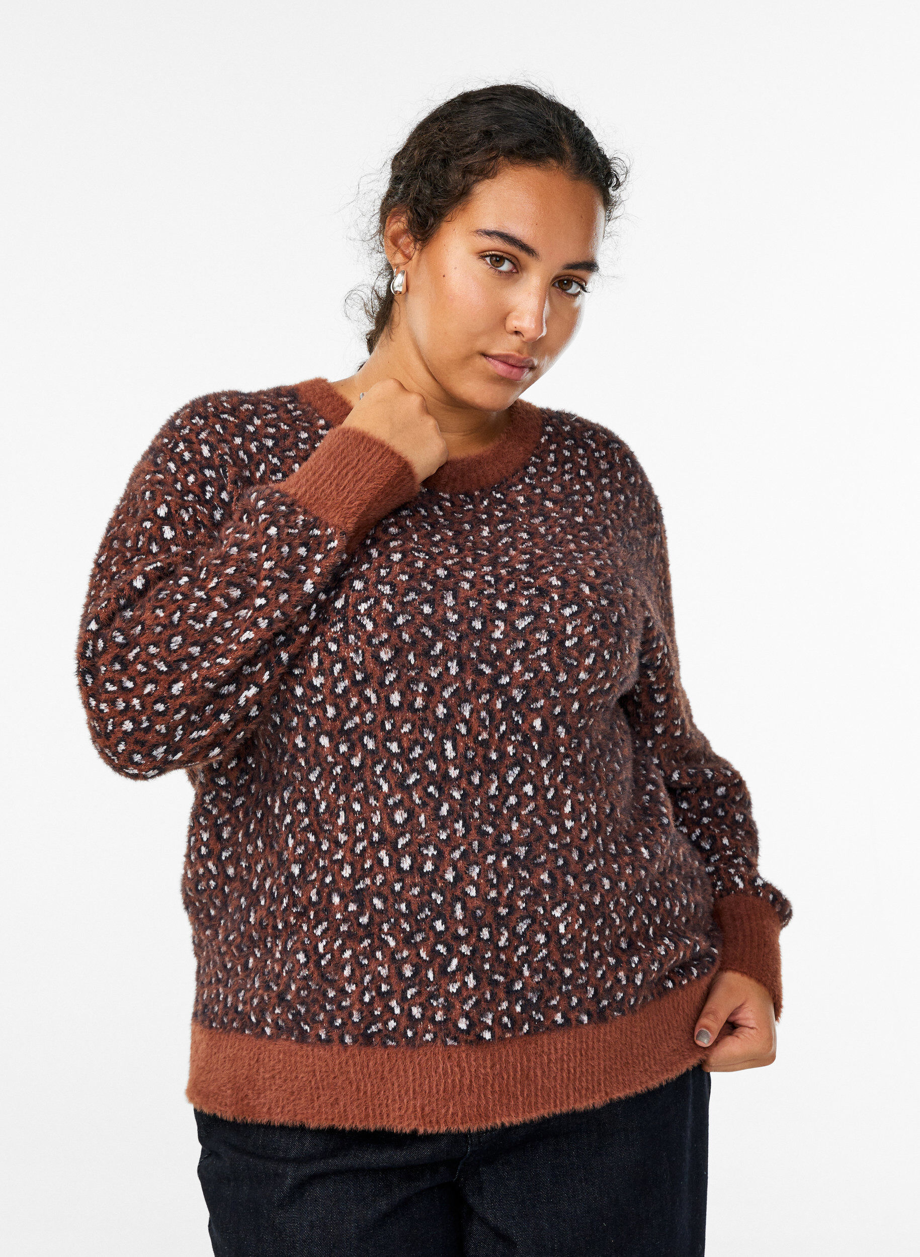 Strikkeplagg med dyretrykk og fluffy finish, R&oslash;d, Model