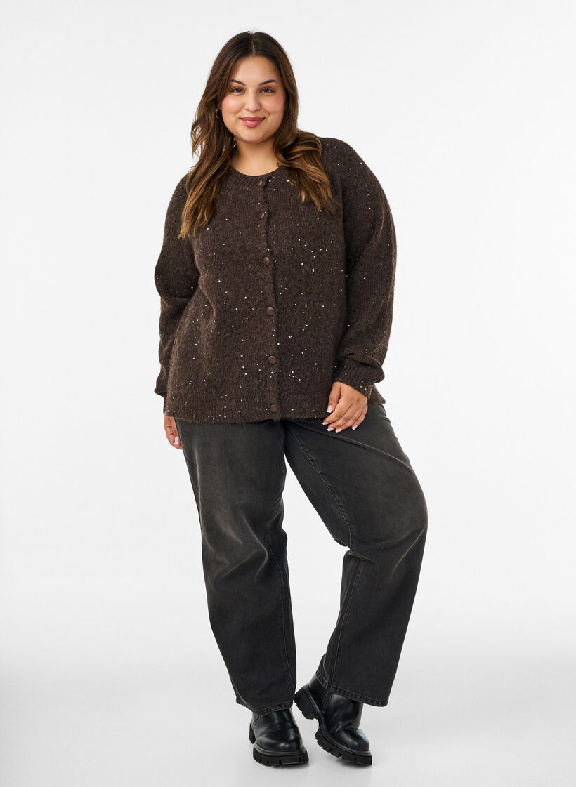 Cardigan med paljetter og knapper, Brun, Model image number 1