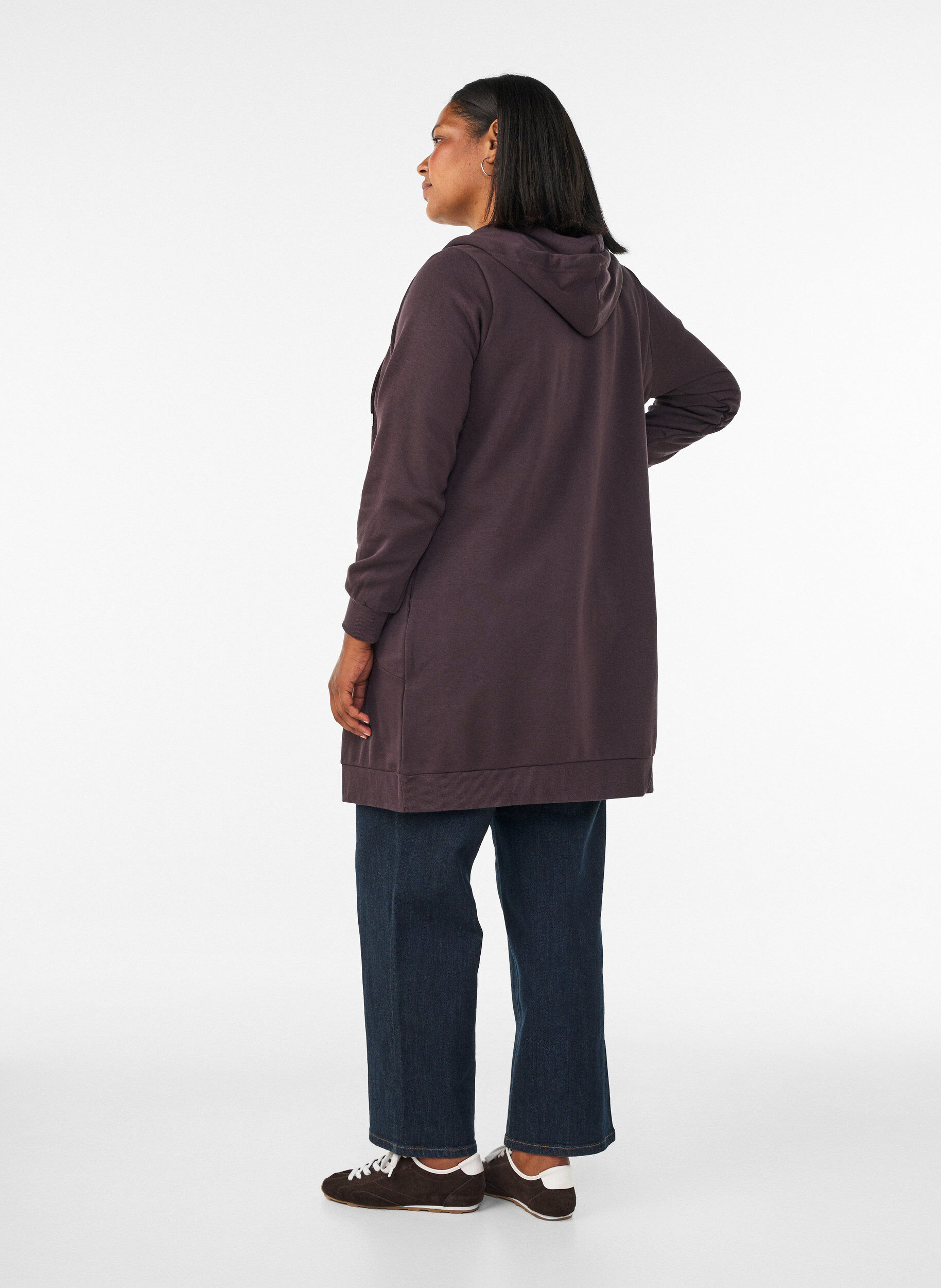 ZizziLang hettegenser med glidel&aring;s og lommer, Brun, Model image number 2