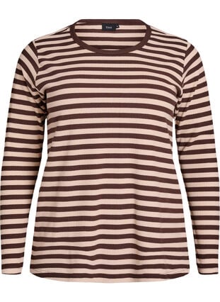 Zizzi Stripete bluse med lange ermer, Brun, Packshot image number 0