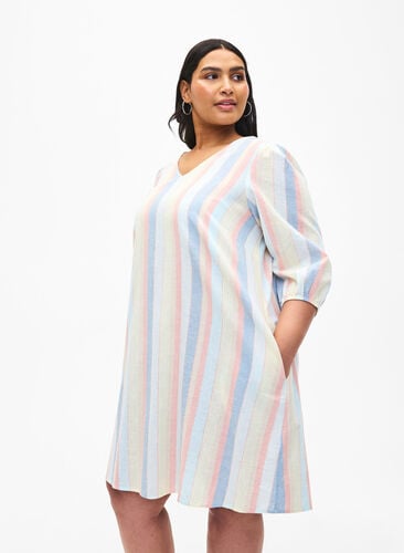 Kort kjole i bomullsblanding med lin, Multi Color Stripe, Model image number 0