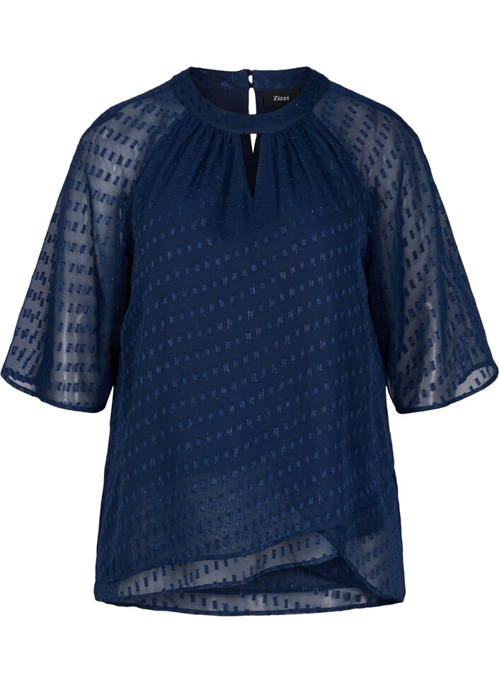 Bluse med 2/4 ermer i mønstret chiffon, Evening Blue, Packshot image number 0