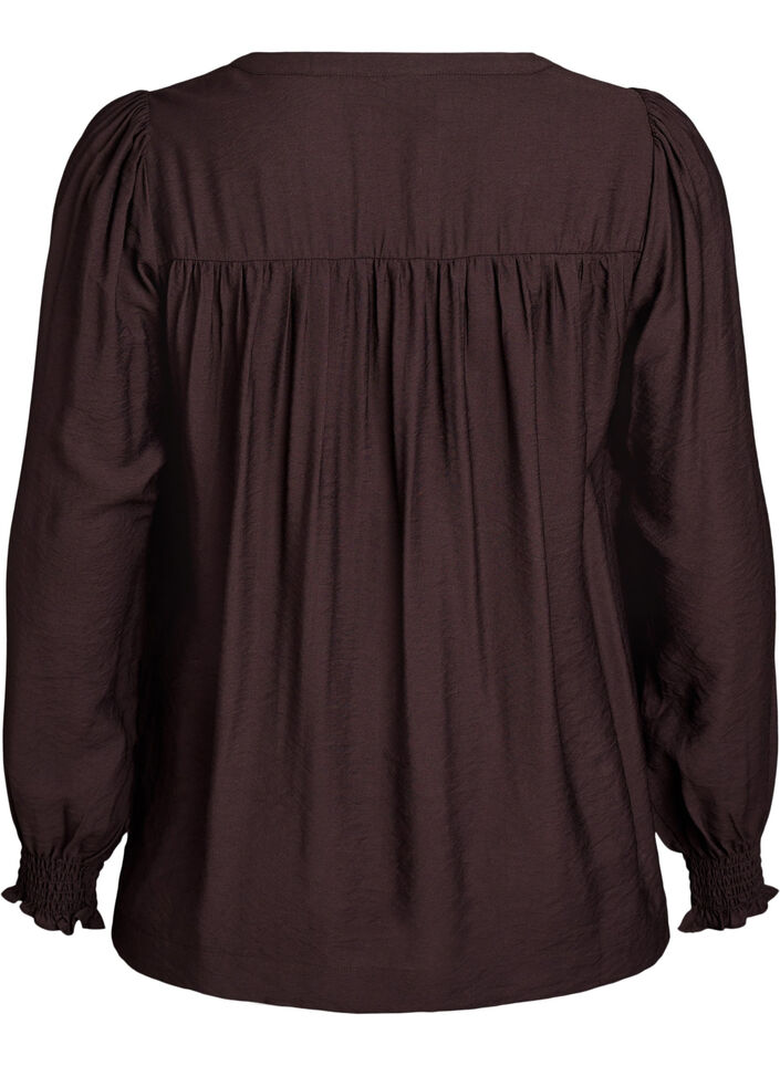 Viskosebluse med smock og rynkede detaljer, Brun, Packshot image number 1