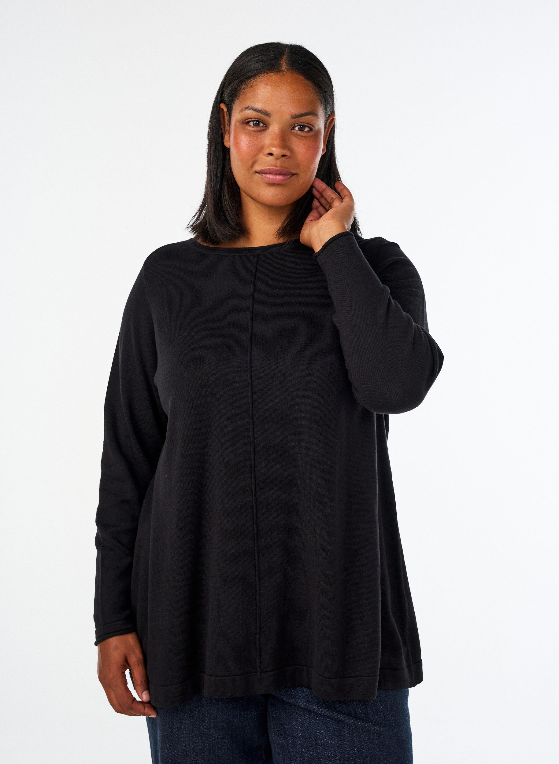 ZizziStrikket bluse i bomull og viskoseblanding, Svart, Model image number 0
