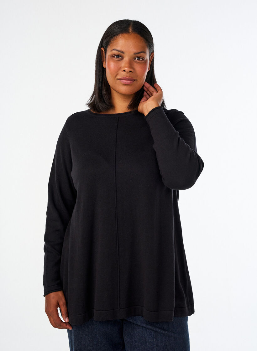 Strikket bluse i bomull og viskoseblanding, Svart, Model image number 0