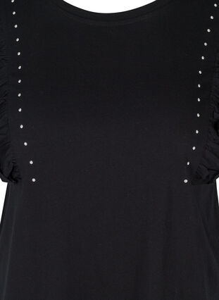 Kortermet T-skjorte i bomull med volanger, Black, Packshot image number 2