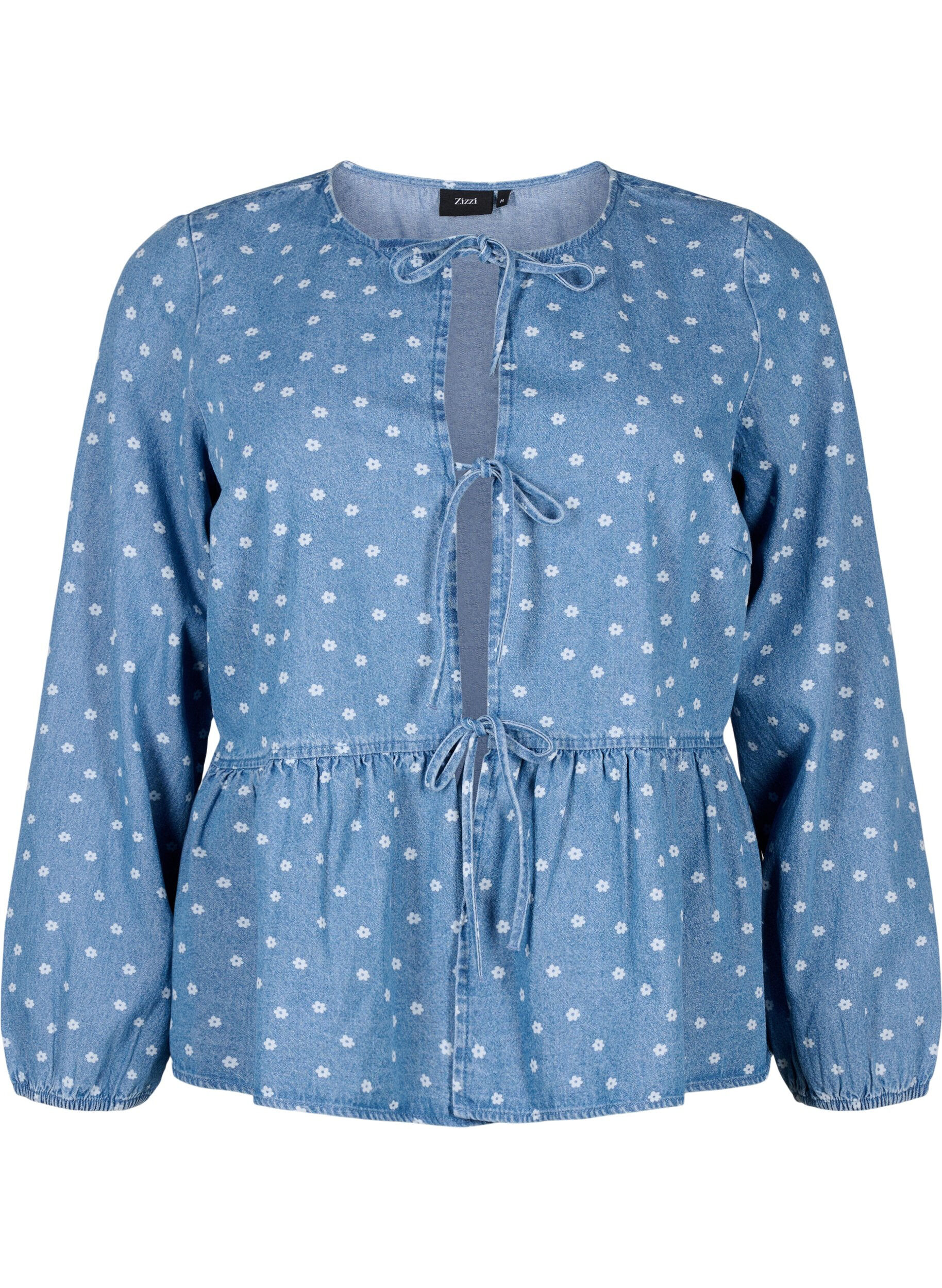 Zizzi Peplumbluse i denim med knyting, Light Blue w.Flowers, Packshot image number 0