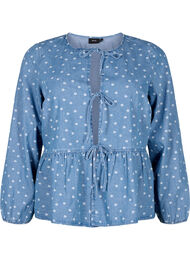 Peplumbluse i denim med knyting, Light Blue w.Flowers