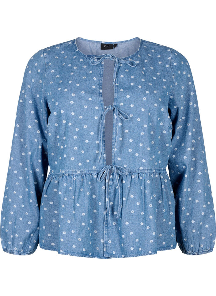 Peplumbluse i denim med knyting, Light Blue w.Flowers, Packshot image number 0