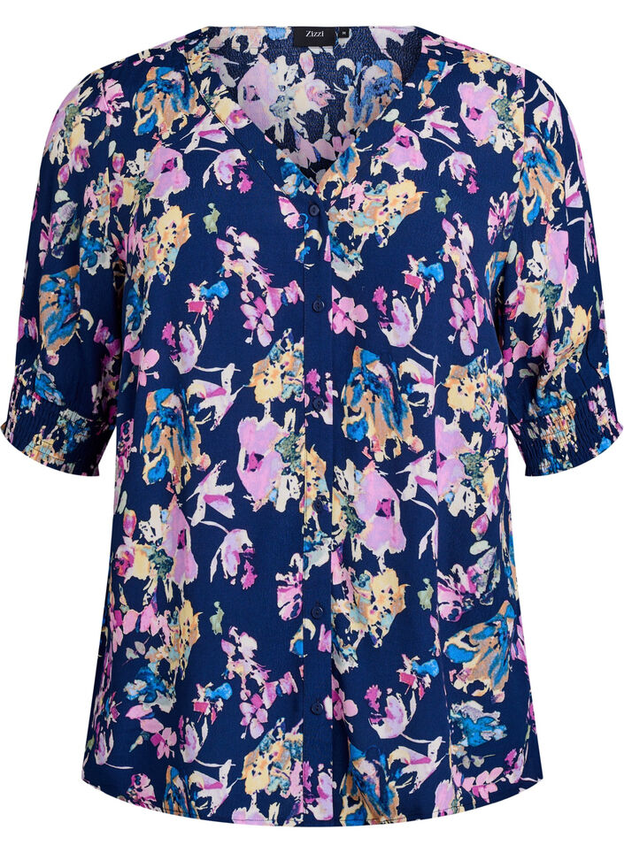 Kortermet viskosebluse, Blå, Packshot image number 0