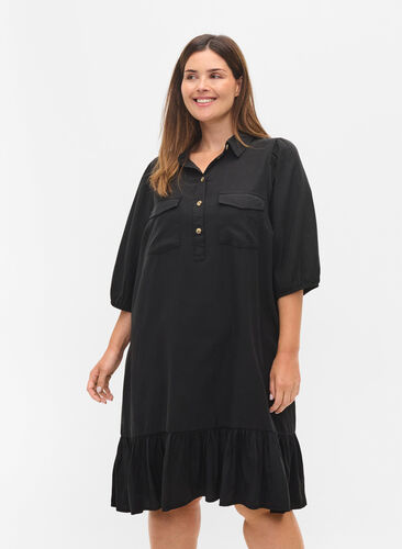 Kjole med volangkant og 3/4-ermer, Black, Model image number 0