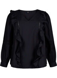 Bluse med ruffles og blondestrikk, Black