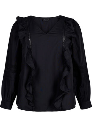 Bluse med ruffles og blondestrikk, Black, Packshot image number 0