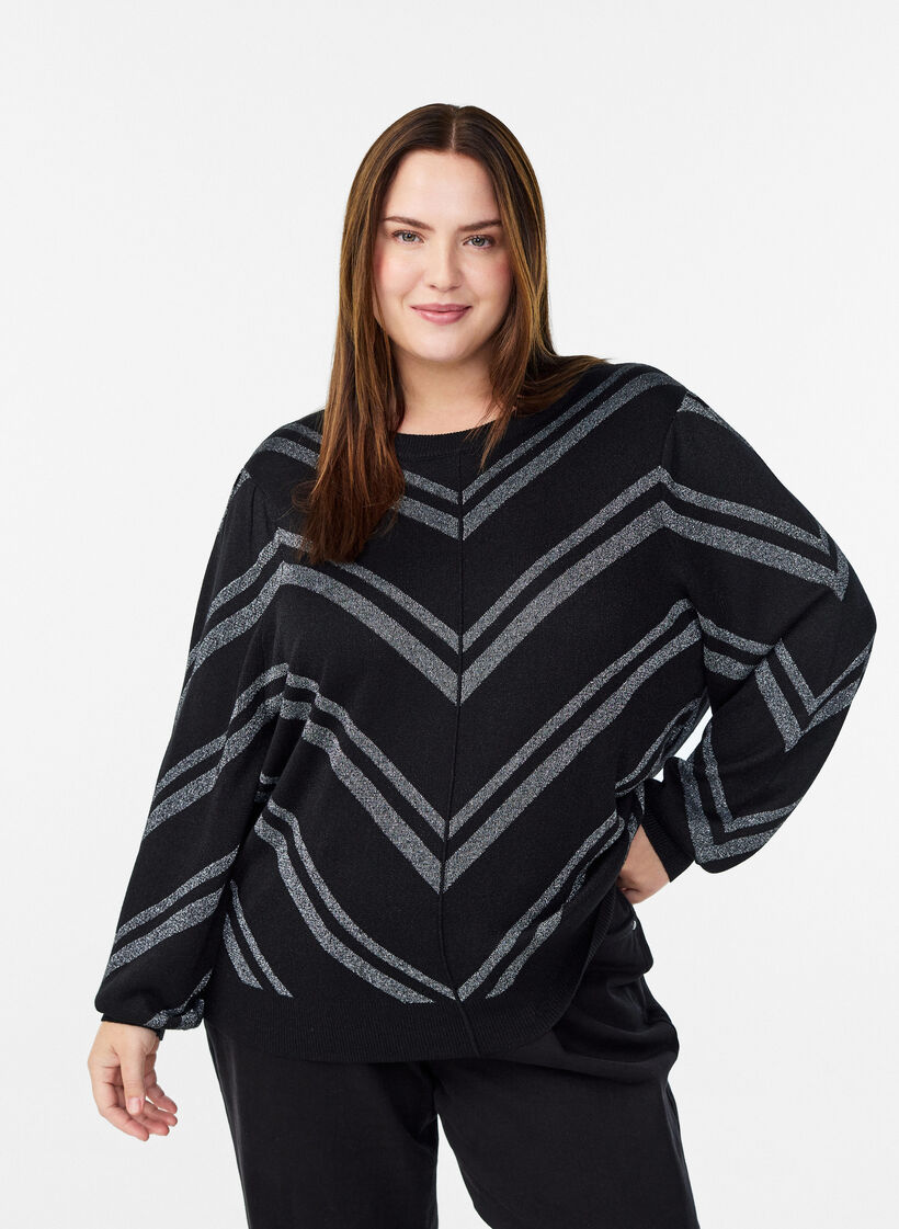Mønstret strikkebluse med glittereffekt, Svart, Model image number 0