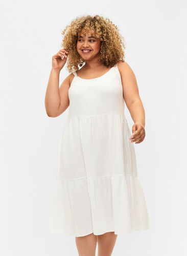 Ensfarget kjole med stropper i bomull, Bright White, Model image number 0