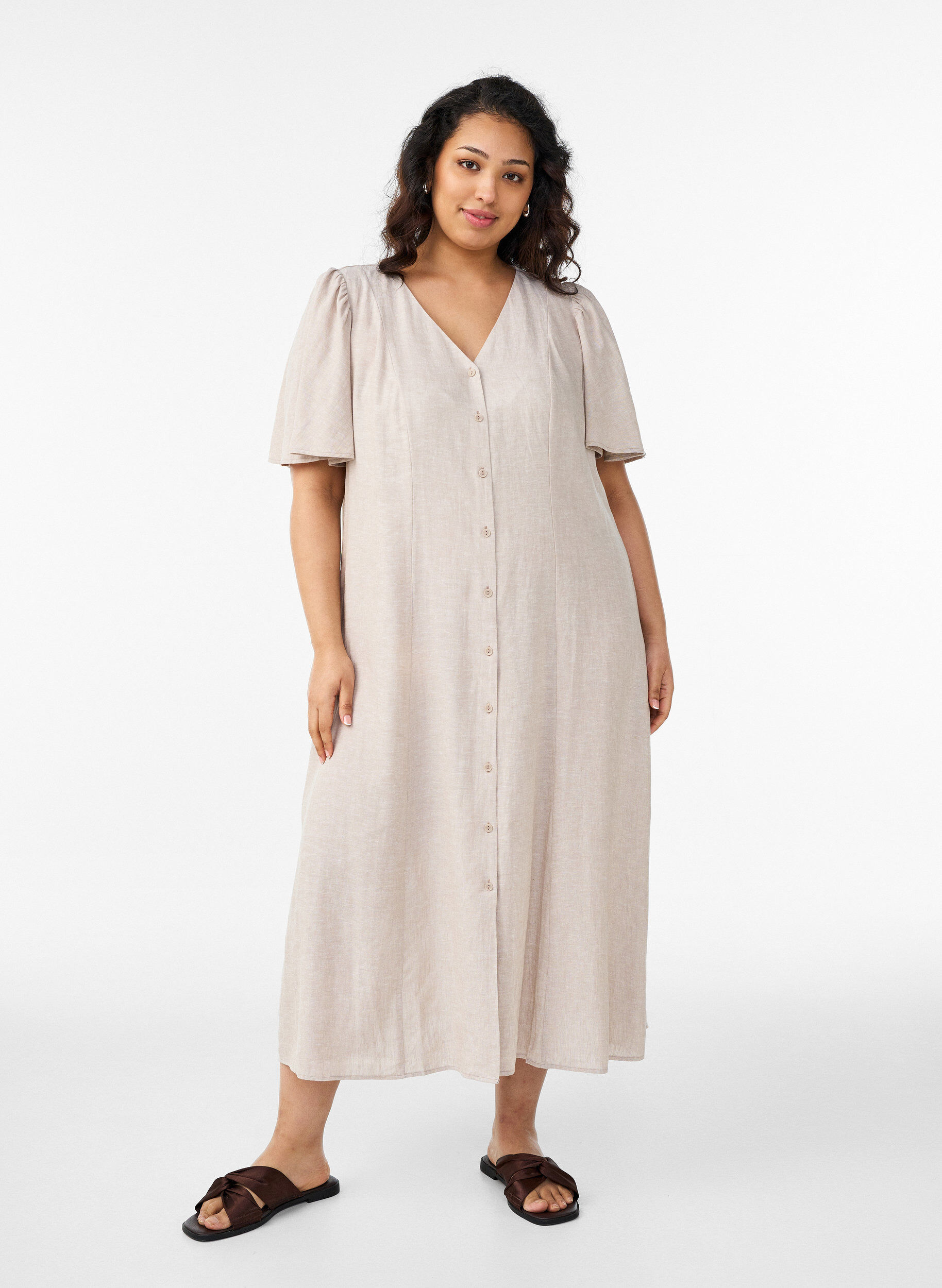 Midikjole i lin og viskose med volangermer, Beige, Model
