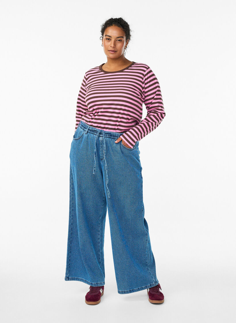 Stripete bluse med lange ermer, Mørk Bordeaux, Model image number 1